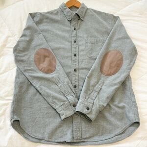 J.Crew Gray Button Down Workshirt Large 100% Cotton Elbow Patch Long Sleeve